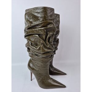 Amina Muaddi Women's Crackle Mud Green Anok Leather Heeled Boots Size 39